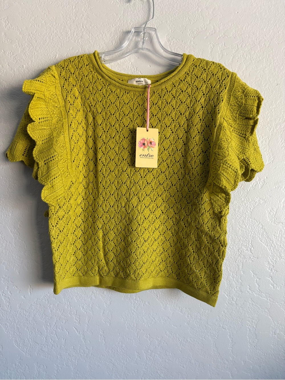 ❤️NEW entro Green Eyelet Knit Ruffle Sleeve Top size L